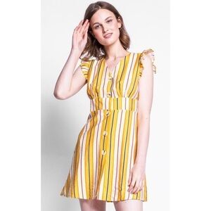 Pink Martini yellow striped mini dress vertical stripe ruffle short sleeve cute